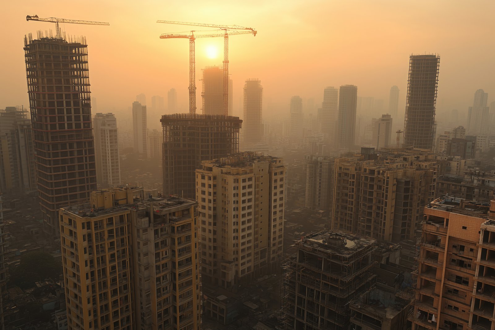 Indian city buildings construction scene